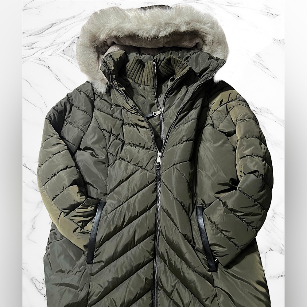 DKNY Women's Faux-Fur-Trim Hooded Puffer Coat Green XXL - Picture 4 of 8
